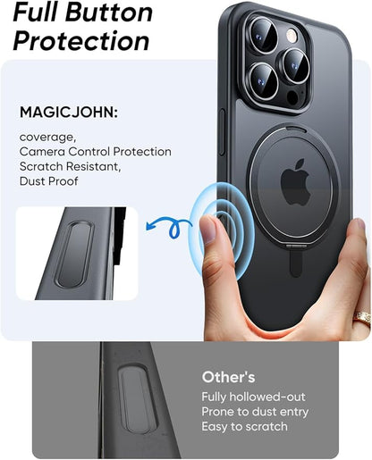 MAGIC JOHN 360° Rotatable Magnetic Invisible Stand for iPhone 16 Pro Case [Camera Control Button] [Compatible with MagSafe] 16FT Shockproof for iPhone 16 Pro Case with Kickstand, Black