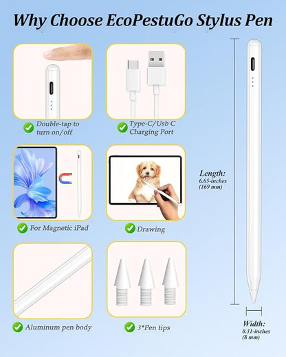 Stylus Pencil for Apple iPad 2018-2025 A16 11/10/9/8/7/6,iPad mini A17 Pro/6/5,iPad Air M3/M2 11"/13"/5/4/3,iPad Pro M4 13"/12.9"/11" USB-C Fast Charging Pencil,Pixel-Perfect Tilt Sensitivity
