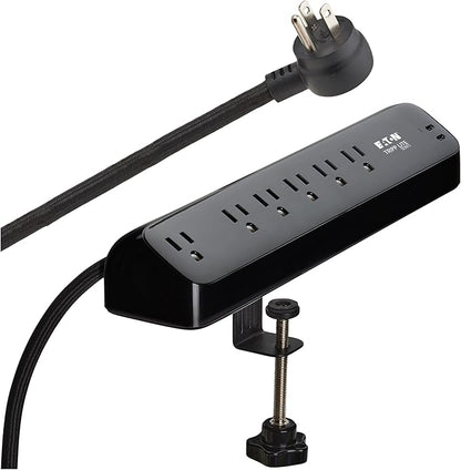 Eaton Tripp Lite series Desk Clamp Power Strip Surge Protector, 6-Outlets, 2x 30W USB-C Charging Ports, 900 Joules, 10ft Braided Flat Extension Cord, Lifetime Manufacturer's Warranty (TLP610U30CLAMPB)