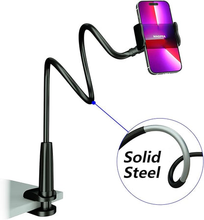 Cell Phone Clip Bed Stand Holder, with Grip Flexible Long Arm Gooseneck Bracket Mount Clamp for Desk, Compatible with iPhone 14 Pro Max XR X 8 7 6 or Other 3.5-7" Devices (Black)