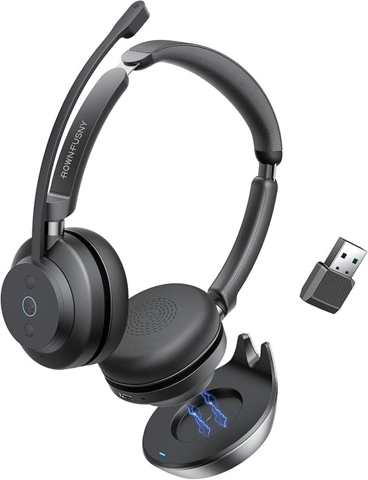 Rownfusny Wireless Headset with Mic for Work, Bluetooth Headphones with Noise Cancelling Microphone & 2.4G USB Dongle, Mute Button for PC, Laptop, Call Center, Home, Office, Zoom, Teams Meeting