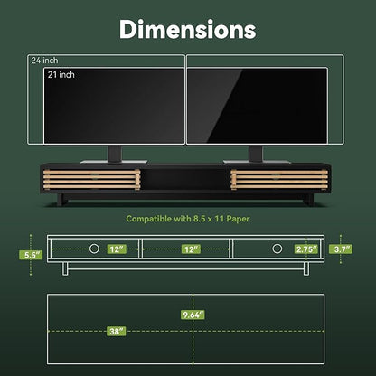 Dual Monitor Stand Riser with Sliding Door, Double Computer Laptop Stand Desk Shelf Organizer with Storage (Black + Natural Bamboo, 38 Inch)