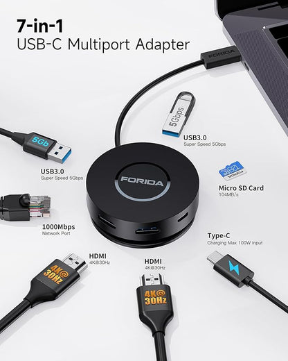 Mini USB C Docking Station Dual HDMI Monitor FORIDA USB C to USB Dock Hub with Gigabit Ethernet 100W Power Delivery Micro SD Card Reader for MacBook/Dell/HP/Lenovo ThinkPad/Surface (Black)