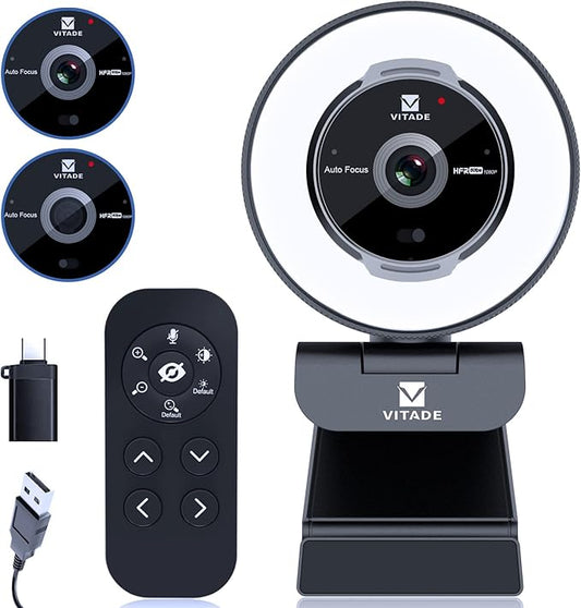 Vitade Zoomable Webcam with Remote Control, 1080P 60FPS Streaming with Ring Light and Microphone, Pro USB Webcam with 5X Digital Zoom and Privacy Cover for Zoom/Skype/Teams/PC/Laptop/Mac