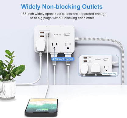 Surge Protector Power Strip 5 Ft Cord, Ultra Thin Flat Extension Cord with 6 Outlets 4 USB Ports(2 USB C), Flat Plug Power Strip, Braided Power Cord for College Dorm Room Essentials