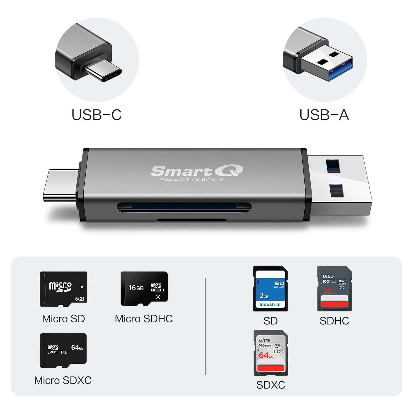 SmartQ C350 USB C sd card reader and USB 3.0 Super Speed Memory Card adapter for MicroSDXC and SDHC Card, SD, SDXC, SDHC, SD Cards, Works for Windows, Mac OS X, Android Devices, OTG Adapter