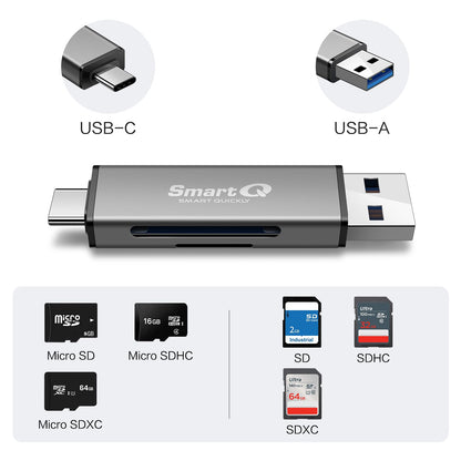 SmartQ C350 USB C sd card reader and USB 3.0 Super Speed Memory Card adapter for MicroSDXC and SDHC Card, SD, SDXC, SDHC, SD Cards, Works for Windows, Mac OS X, Android Devices, OTG Adapter
