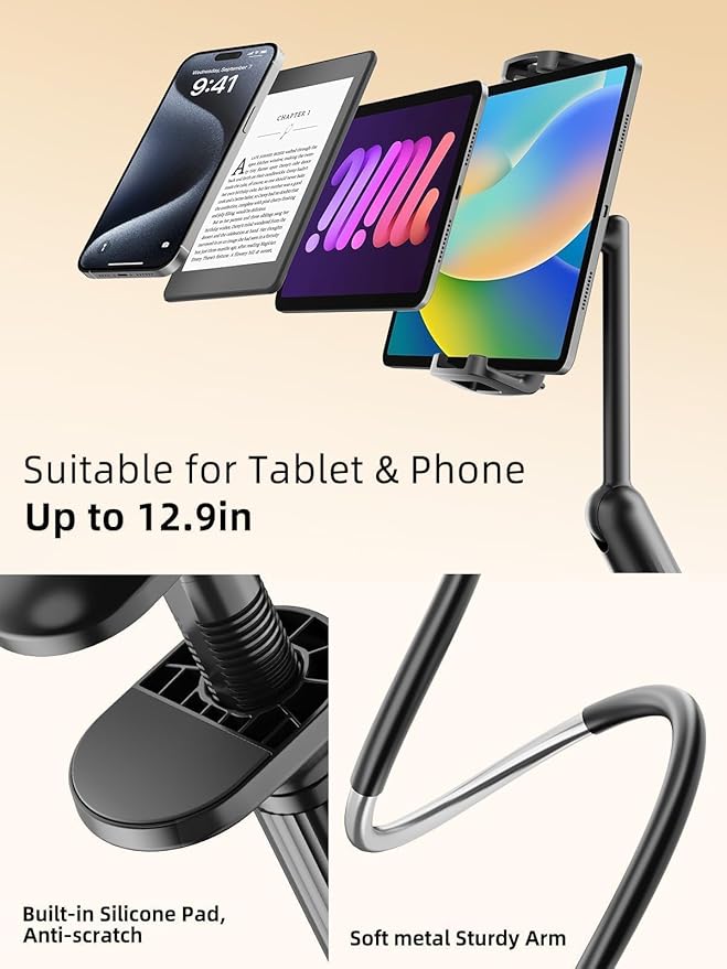 SAIJI 47" Gooseneck Kindle Holder, Tablet Holder for Bed with Upgraded Base, iPad Stand with Flexible Lazy Arm, Compatible with iPad/iPhone/Kindle/Switch or Other 4.7-13" Device (Black)