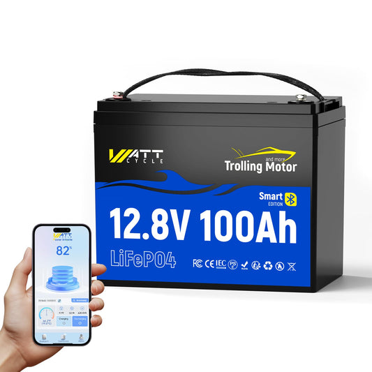 Wattcycle 12V 100Ah LiFePO4 Battery, Lithium Battery 12V 120A BMS, IP67 Marine Batteries for Trolling Motor, Built-in Bluetooth, Monitor, Mobile APP, Perfect for Boat, Marine, RV, Home Energy, Solar