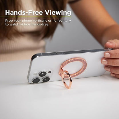 PureGear Magnetic Phone Grip Ring Stand, Magnetic Phone Ring Holder for MagSafe iPhone 16, 16Pro, 16Plus, 16ProMax, 15, 15Plus, 14, 14ProMax, 13,12, Adjustable Kickstand(Chrome Rose Gold Pink Glitter)