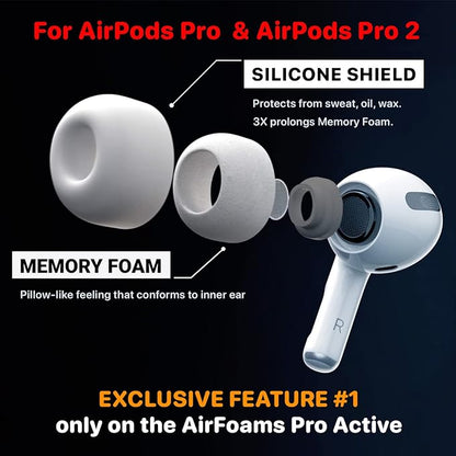 Patented Design Memory Foam Ear Tips for AirPods Pro and AirPods Pro 2 w/Silicone Shield. AirFoams Pro Active 2.0 Lasts 5X Longer. Replacement Tip. As seen on Kickstarter. (S/M/L, White)