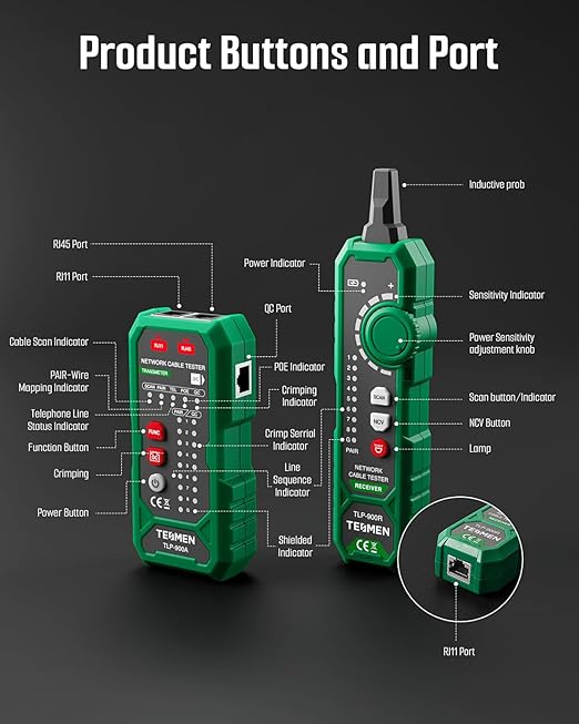 TESMEN TLP-900AR Network Cable Tester, RJ11 RJ45, for CAT5/6/POE/STP, Multi-function Cable Tracer with Pairing, Continuity, QC&NCV, Suitable for Ethernet, Telephone, Wire maintenance and sorting-Green