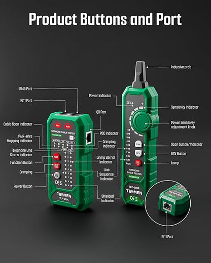 TESMEN TLP-900AR Network Cable Tester, RJ11 RJ45, for CAT5/6/POE/STP, Multi-function Cable Tracer with Pairing, Continuity, QC&NCV, Suitable for Ethernet, Telephone, Wire maintenance and sorting-Green