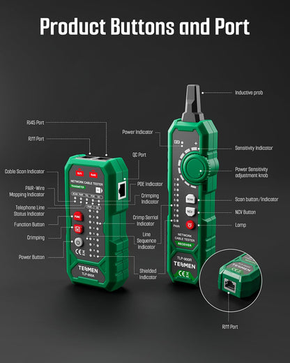 TESMEN TLP-900AR Network Cable Tester, RJ11 RJ45, for CAT5/6/POE/STP, Multi-function Cable Tracer with Pairing, Continuity, QC&NCV, Suitable for Ethernet, Telephone, Wire maintenance and sorting-Green