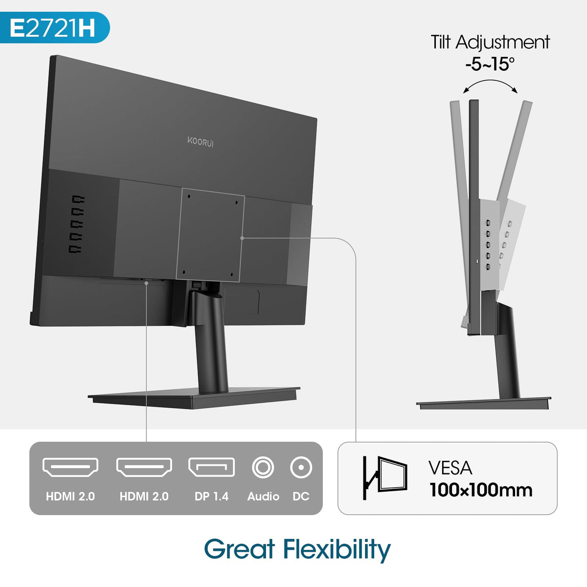 KOORUI 27 Inch QHD (2560x1440) IPS HDR Ultra-Thin Computer Gaming Monitor, 120Hz Refresh Rate, DCI-P3 95%, FreeSync & G-Sync, 1ms MPRT, VESA 100x100mm, Tilt Adjustable for Game and Work, E2721H