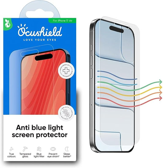 Ocushield Anti Blue Light Tempered Glass Screen Protector of iPhone 17 Air (6.5") – Blocks Blue Light, Prevents Eye Strain & Helps You Sleep Better, 9H Hardness & Case Friendly