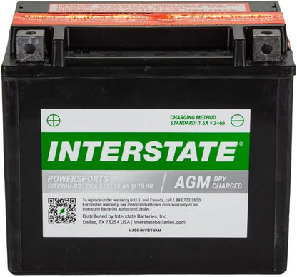 Interstate Batteries YTX20H-BS 12V 18Ah Powersports Battery 310CCA High-Performance AGM Rechargeable Replacement for Arctic Cat, Harley Motorcycles, Bikes, ATVs, Jet Skis, Snowmobiles (CITX20H-BS)