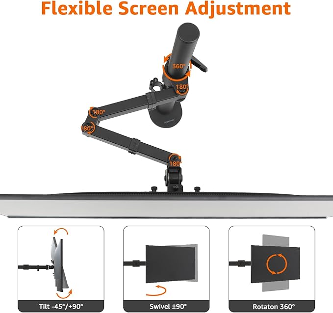 Amazon Basics Adjustable Single Monitor Arm Desk Mount, Holds up to 32" (38” Ultrawide) and 22 lbs, Adjustable Tension, VESA 75x75/100x100, Black