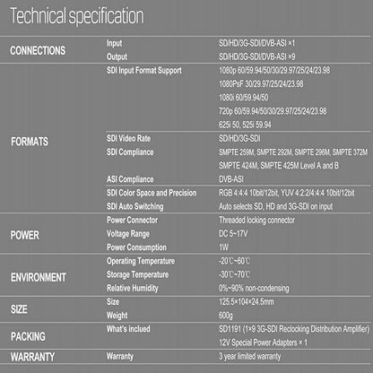 AVMATRIX SDI Splitter 1×9 Distribution Amplifier 3G/ HD/SD Supported DVB-ASI Formats, Re-clocking, Equalization, Signal Retiming 1080p @60hz (SD1191)