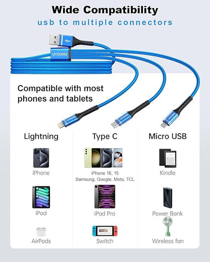 Multi Charging Cable 2Pack 4FT, 3 in 1 Charger Cable Braided Universal Phone Charging Cord with Lightning/Type C/Micro USB Ends, Multiple USB Cable for iPhone/Samsung/Google Cell Phones and More