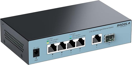 SODOLA 2.5Gb Easy Web Managed Switch, 4x2.5GBase-T Ports, 1x10GBase-T Uplink&1 10G SFP+ Managed Ethernet Switch with Link Aggregation,VLAN,IGMP, 2.5G 10G Network Home-lab Switch