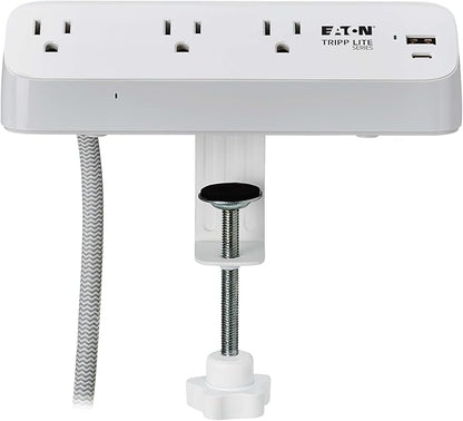 Eaton Tripp Lite Series Desk Clamp Power Strip Surge Protector, 3-Outlets, USB-A & USB-C Charging Ports, 900 Joules, 8ft Braided Flat Extension Cord, Lifetime Manufacturer's Warranty (TLP308U20CLAMP)