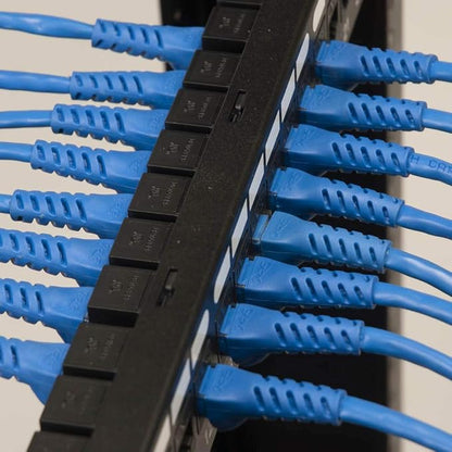 ICC CAT6 Feed-Through Patch Panel, 48 Port, 2U Rackmount, RJ45 Ethernet Patch Panel, No Punch Down, PoE++ and TAA Compliant, Black