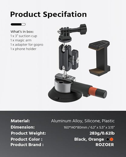 3" Suction Cup Mount Kit for Action Cams/Phone/360 Camera/DSLR Comes with Adapter for GoPro, Phone Clip, 3.84" Universal Magic Arm