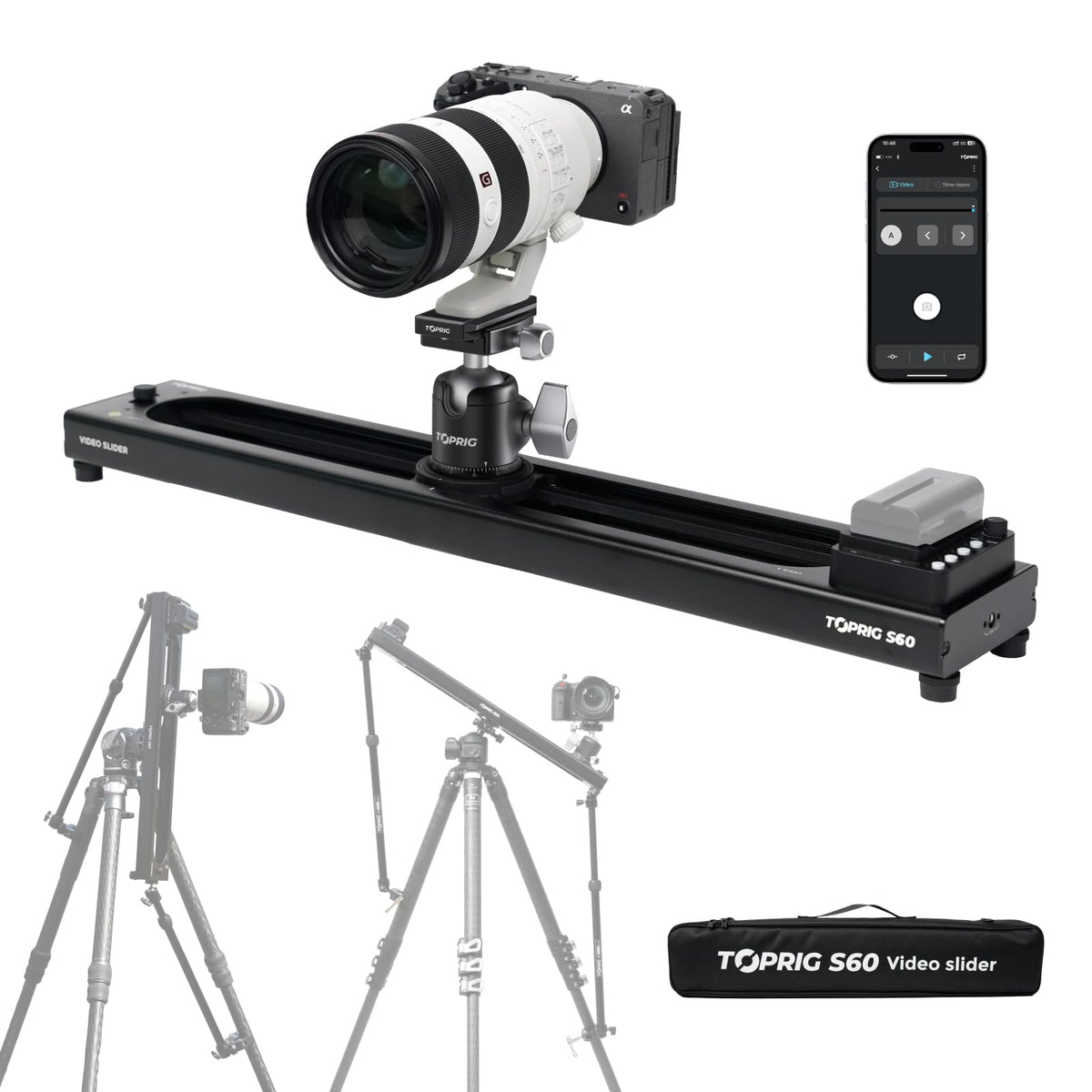 Accsoon Toprig Motorized Camera Slider, Wireless DSLR Video Slider with Button/APP Control, Time-Lapse/Loop Mode, Speed Knob, 120° Panoramic Shooting, Compatible with GoPro, Camera-24inch Video Slider