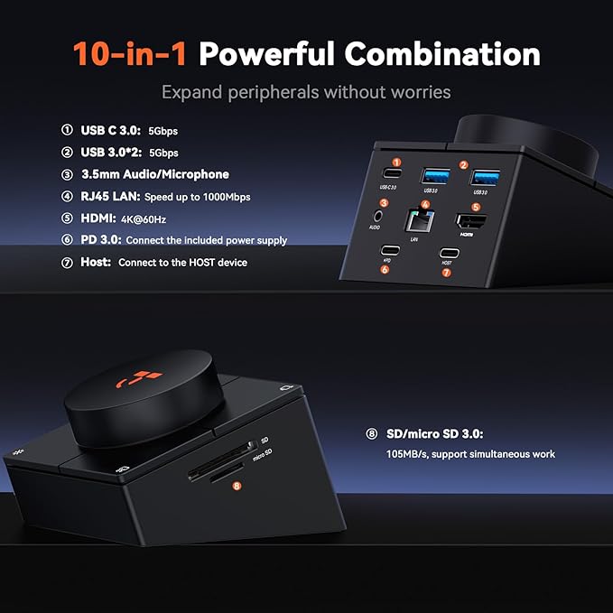 TobenONE 10-in-1 Shortcut-Key Docking Station with 4 Shortcut Button and Volume Knob, USB C Dock with 4K@60Hz HDMI, 100W PD, 3 USB, Ethernet, Audio, SD/microSD for MacBook, Windows, Chrome, Mac mini