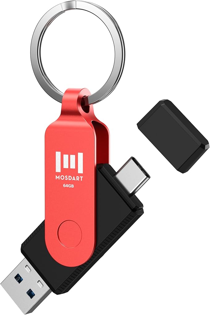 MOSDART 64GB USB3.1 Fast Speed C and A Dual Flash Drive, exFAT Memory Stick with Keychain and LED Indicator, for iPhone 15 and 16, Android Phone, iPad, MacBook, and Other Laptops, Red