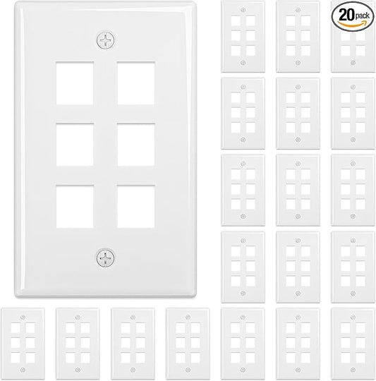 FGB 6-Port Keystone Wall Plate 20-Pack, Low-Profile Single Gang Wall Plates for RJ45, HDMI, and Coax Keystone Inserts, White