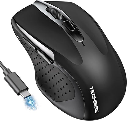 Bluetooth Mouse (BT5.0/3.0 & 2.4G) Rechargeable Wireless Mouse, 4800 DPI Optical Tracking, 6 Adjustable DPI, 2.4GHz with USB A Receiver, Quiet Clicks, Ergonomic Grips, 6 Buttons - Black