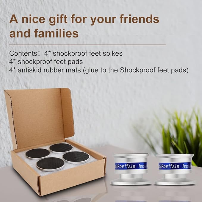 Preffair HiFi Speaker Isolation Feet Spikes, Aluminum Shockproof Turntable Stand Feet, Speaker Floor Protector Mat, Adjustable Subwoofer Vibration Absorber, Non-Slip LP Vinyl Record Player Base Pad.