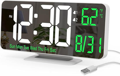 KOSUMOSU Alarm Clock for Bedroom, 6.7" Led Desk Digital Clock,Mirror Clock,Dual Alarm Clock for Living Room with Seconds,Date,Week,12/24h,Dimming,Temp