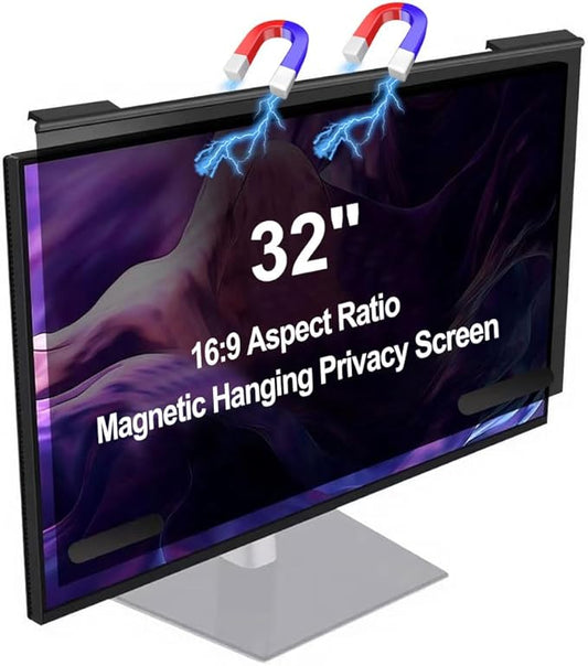 Hoktods Magnetic Hanging Computer Privacy Screen 32 Inch, Removable Privacy Shield for 16:9 Widescreen Frameless Monitor, Anti Spy Anti Scratch Anti Glare Blue Light Screen Guard