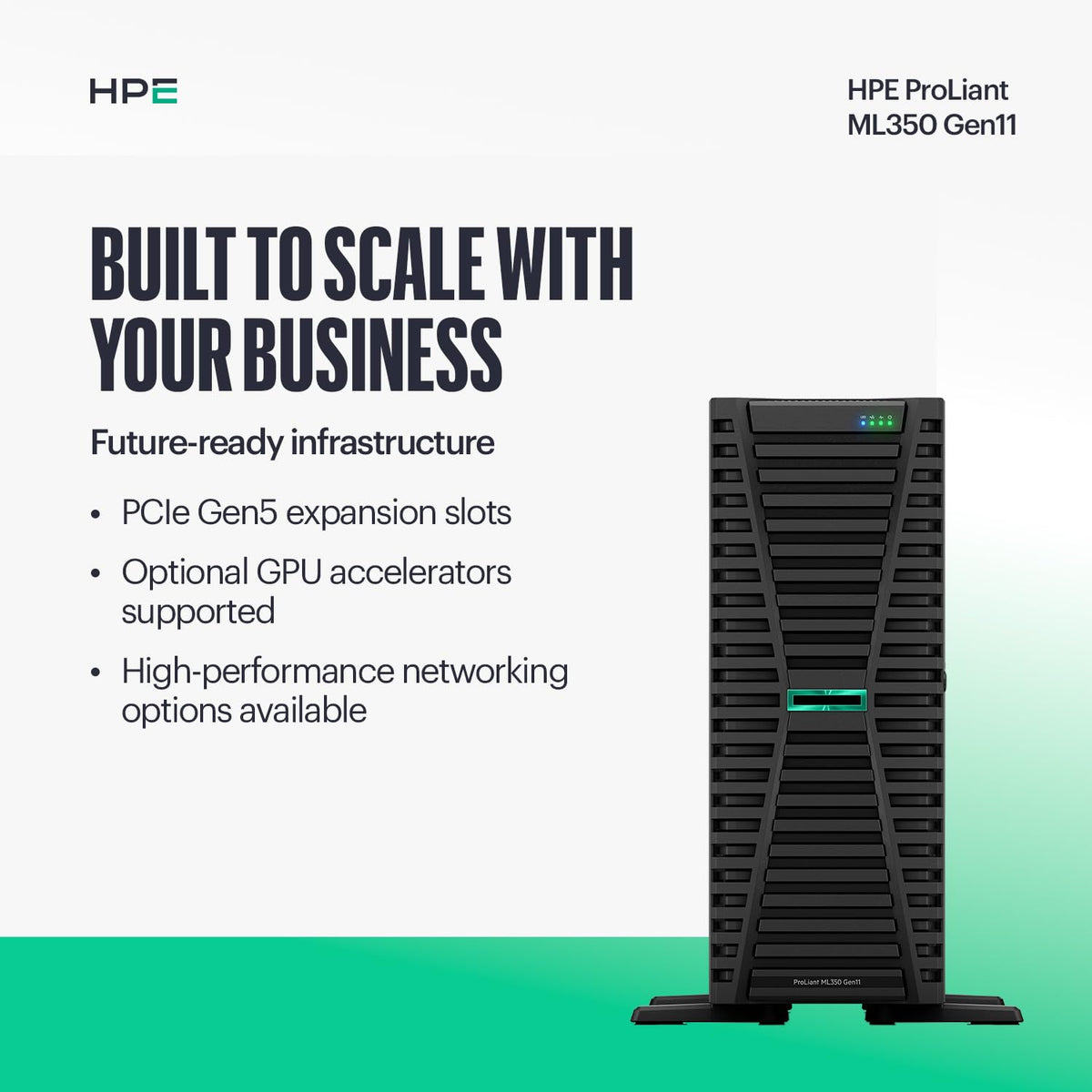 Hewlett Packard Enterprise ProLiant ML350 Gen11 Tower Server (P83320-005), Xeon Silver 4516Y+ 24-Core, 64GB DDR5, 8SFF, 2×960GB SSD, MR408i-o RAID, Dual 800W PSU
