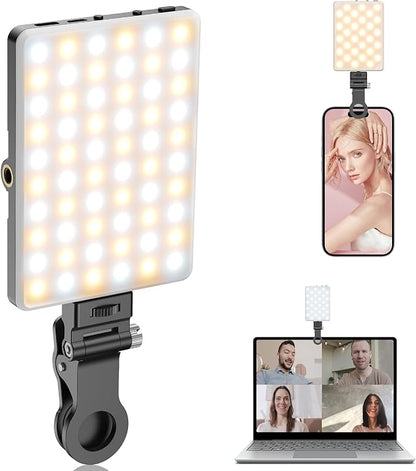 TONEOF Portable Selfie Light,Rechargable 60 LED PhoneLight with Clip & Double 1/4" Screw Hole,2500k-9000K Dimmable for iPhone,Android,Laptop,Tablet,Selfie/Video Conference