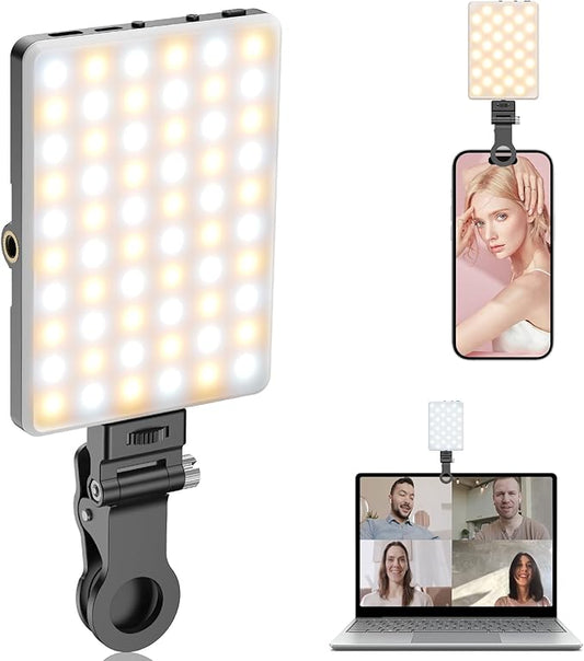 TONEOF Portable Selfie Light,Rechargable 60 LED PhoneLight with Clip & Double 1/4" Screw Hole,2500k-9000K Dimmable for iPhone,Android,Laptop,Tablet,Selfie/Video Conference