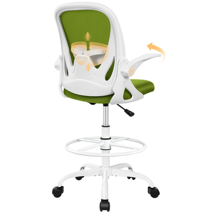 Drafting Chair Tall Office Chair with Flip-up Armrests, Adjustable Height, and Enhanced Lumbar Support - Ergonomic Rolling Stool, Back Support, and Adjustable Foot Rest Ring Light Blue