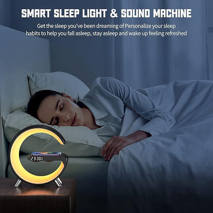Smart Table Lamp with 4-in-1 Wireless Charger, Night Light, Bluetooth Speaker, Alarm Clock, App Control, Office, Bedroom, Home Decor (White)