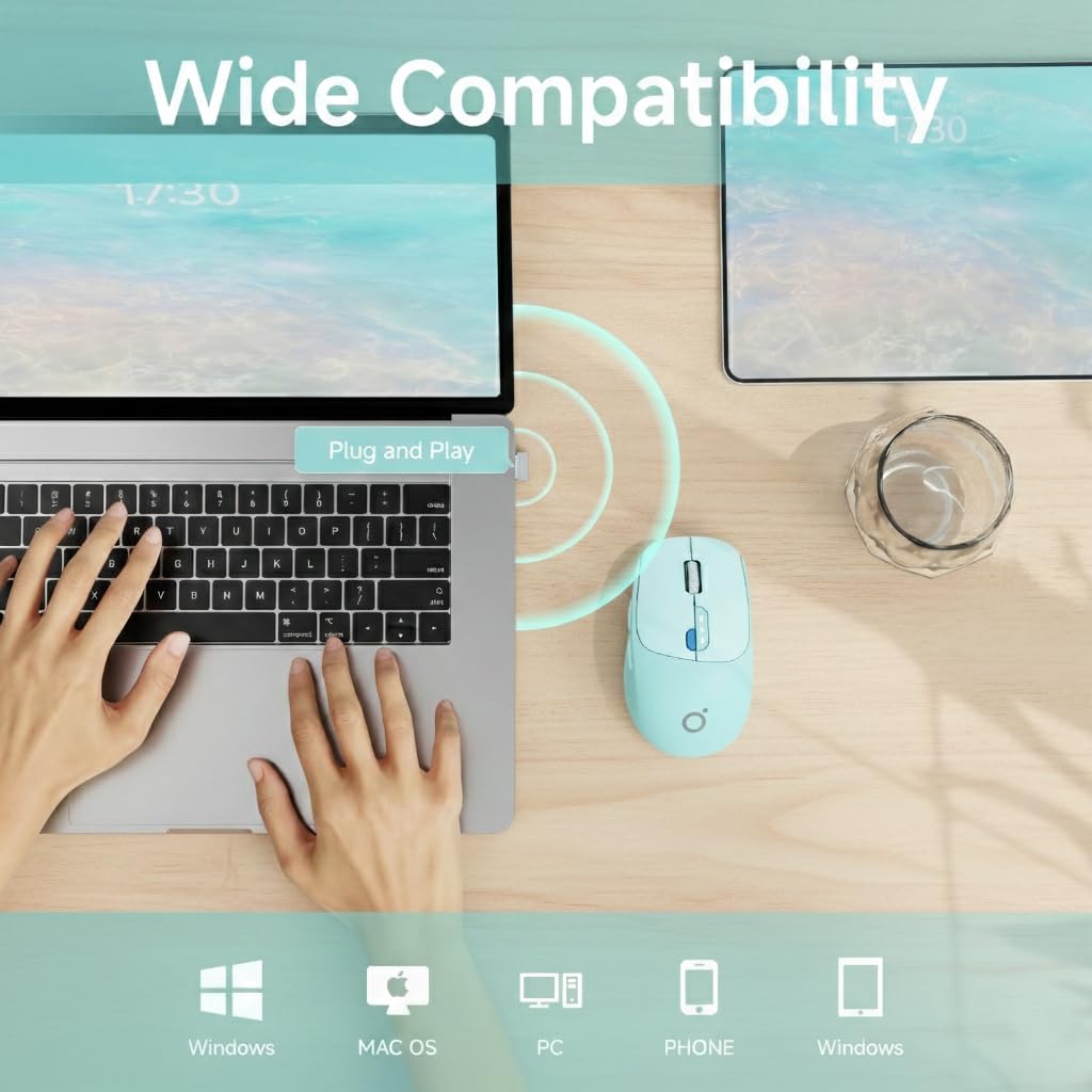 SEUNKWANG Dual-Mode Wireless Mouse with Visible Battery Indicator, Silent Rechargeable Bluetooth & 2.4G Computer Mouse, 1600 DPI, One-Click Desktop Privacy Key, Portable Mice for Laptop/PC/Mac - Blue