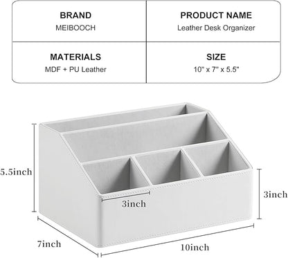 PU Leather Desk Organizer, Luxury Remote Control Holder for Home, Office Desk Accessories Table Caddy Bedside Nightstand Organizer (White)