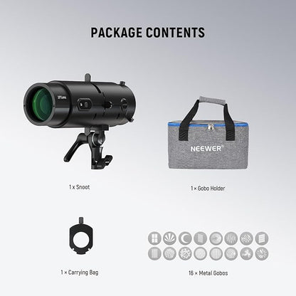 NEEWER LS-300 Spotlight Optical Snoot for 300W Bowens Mount LED Video Lights with 16x GOBO 19° Projection Lens 98% Light Transmittance Geometric Shaper for Creative Photography & Enhanced Illuminance