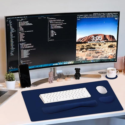Large Keyboard Mouse Pad Set, Extended Mouse Pad+Keyboard Wrist Rest Support, Memory Foam Ergonomic Easy Typing, 4Pcs (35.4×15.13 in) Desk Pad Set for Home Office Study Game - Dark Blue