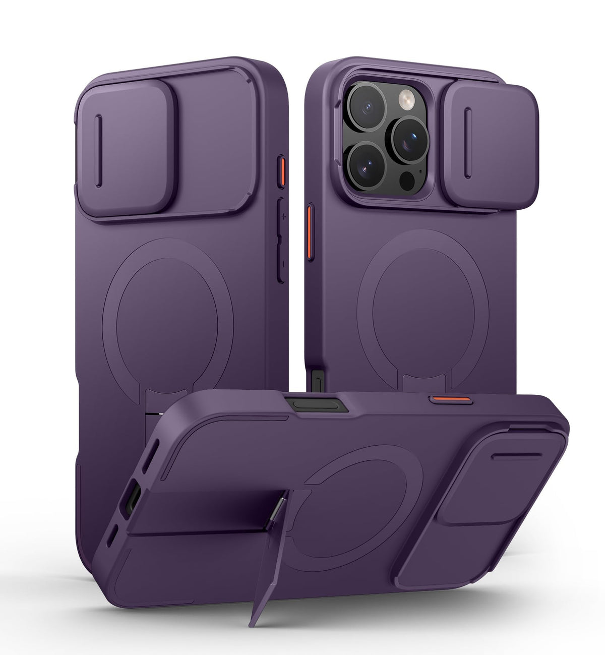 SURITCH for iPhone 14 Plus/15 Plus Case with Magnetic Camera Slide Cover and Adjustable Kickstand, Compatible with MagSafe, Shockproof Bumper Case Slim Protective Cover 6.7 Inch, Dark Purple