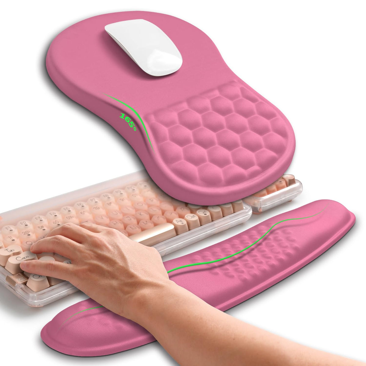 Hokafenle 2in1 Combination, Wave Keyboard Wrist Rest and Ergonomic Curvature Mouse Pad Wrist Support for Relieve Wrist Pain, Filled with Soft Cushion Memory Foam, Golden Pink Marble