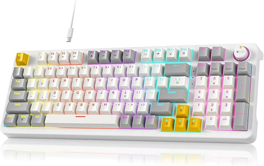 Meidosa AK96 Smart Mechanical Keyboard Gaming, 96 Keys Full Size with LED Colorful Backlit, Clicky Creamy Sounding, USB Wired Computer Keyboard with Volume Knob for PC, Mac, Windows (White)