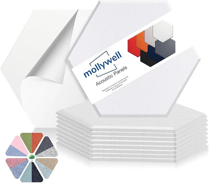 Mollywell Hexagon Acoustic Panels, High Density, Soundproofing, Decorative Noise Reduction Felt Wall Tiles for Ceilings, Home Office & Gaming Room (White), 14×12×0.4 Inch