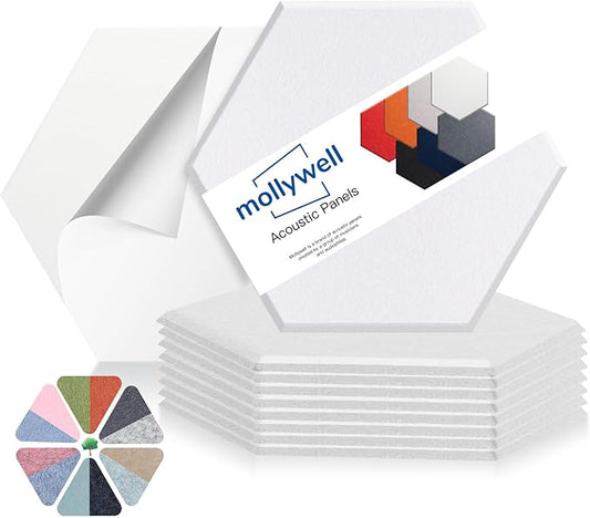 Mollywell Hexagon Acoustic Panels, High Density, Soundproofing, Decorative Noise Reduction Felt Wall Tiles for Ceilings, Home Office & Gaming Room (White), 14×12×0.4 Inch